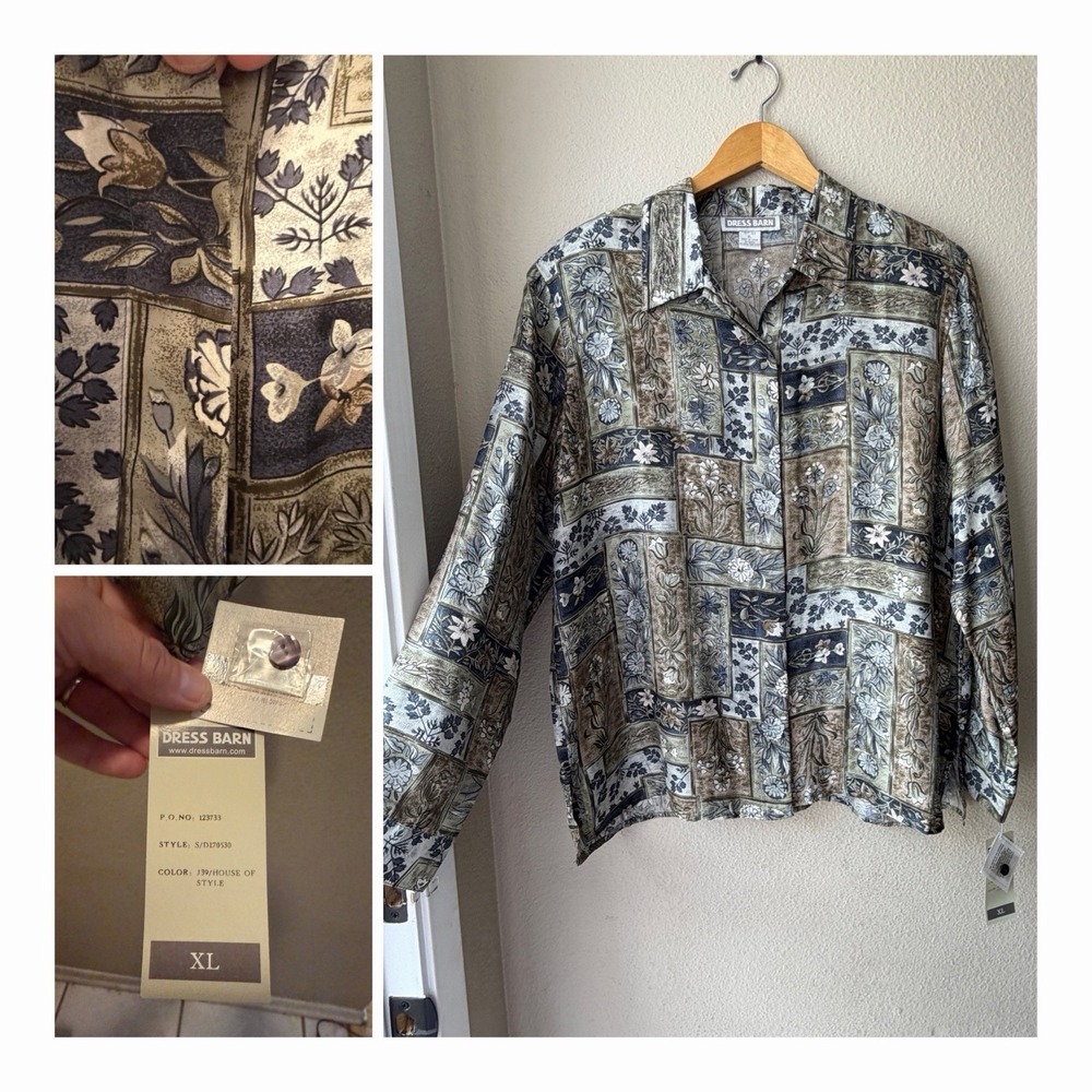 RARE VINTAGE DEADSTOCK NWT 90s Dress Barn 100% Silk Blouse  XL Floral  patchwork